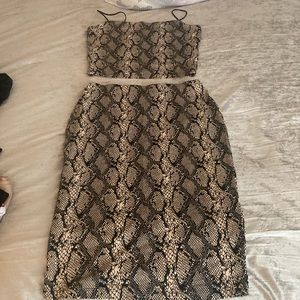 A two piece snake skin crop top with a knee skirt